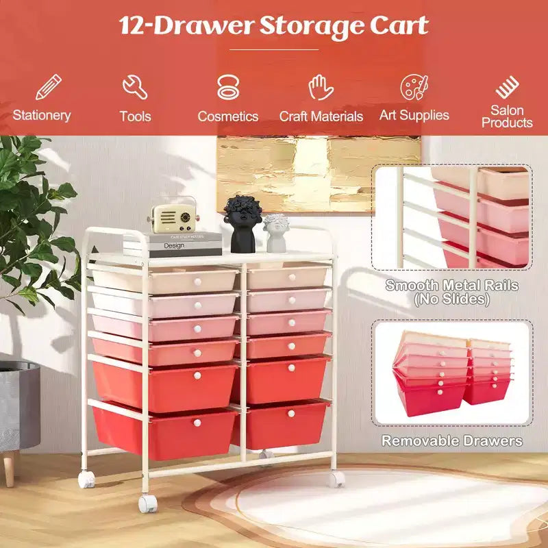 12 Drawers Rolling Storage Cart, Multicolor Scrapbook Paper Studio Organizer Bins