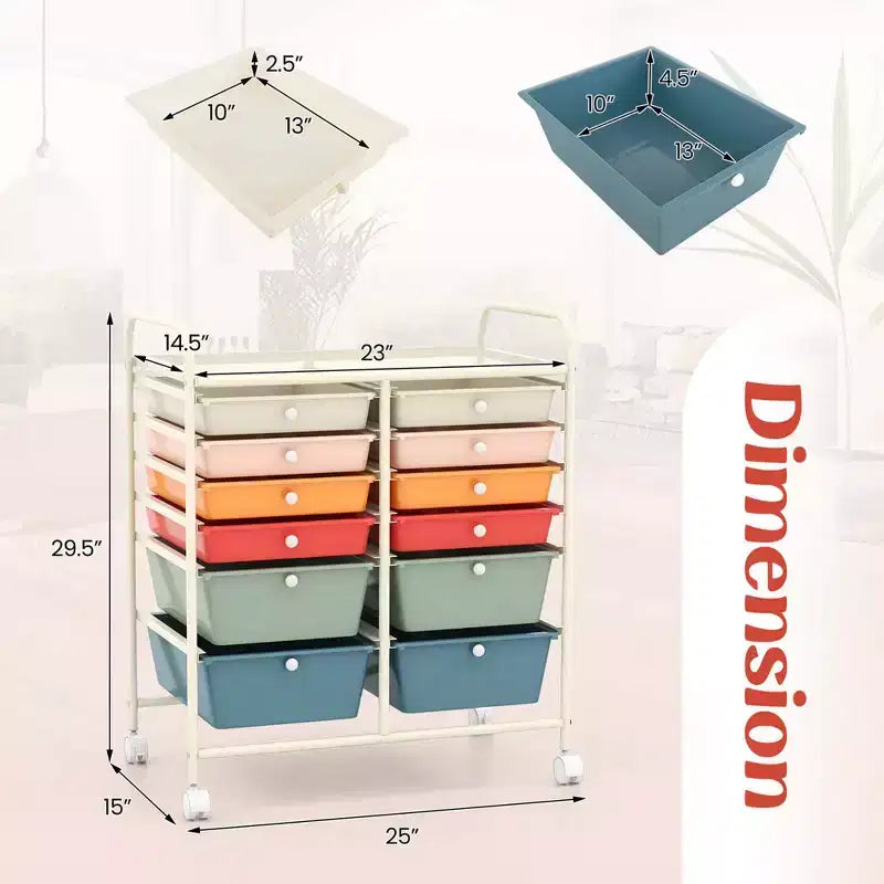12 Drawers Rolling Storage Cart, Multicolor Scrapbook Paper Studio Organizer Bins