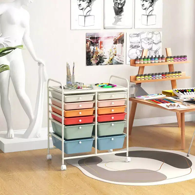 12 Drawers Rolling Storage Cart, Multicolor Scrapbook Paper Studio Organizer Bins