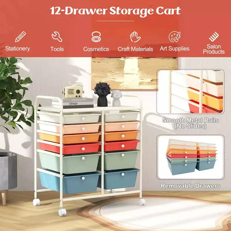 12 Drawers Rolling Storage Cart, Multicolor Scrapbook Paper Studio Organizer Bins