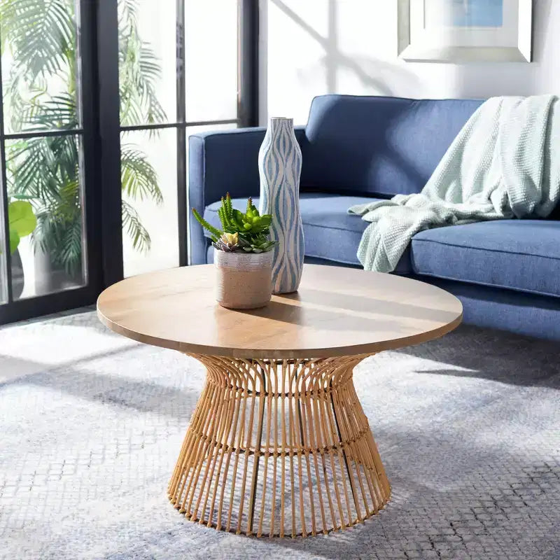 Round Coffee Table, Mango Wood Top with Rattan Base, Tropical Coastal Style