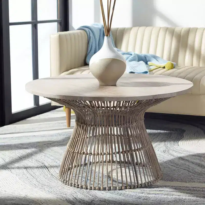 Round Coffee Table, Mango Wood Top with Rattan Base, Tropical Coastal Style