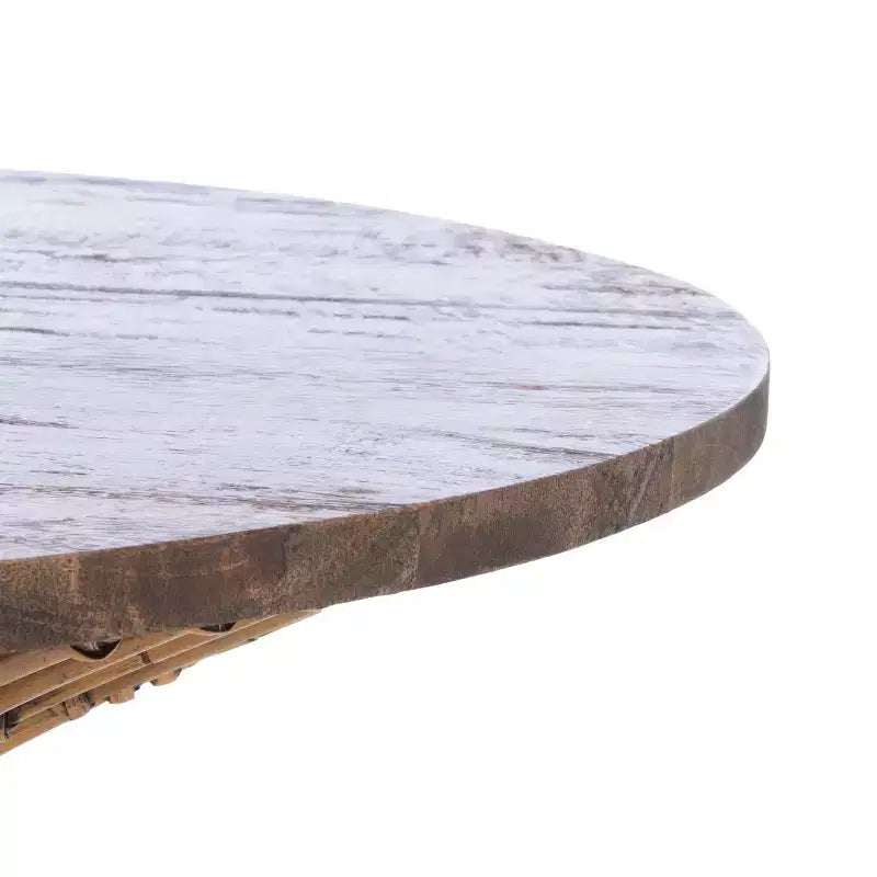 Round Coffee Table, Mango Wood Top with Rattan Base, Tropical Coastal Style