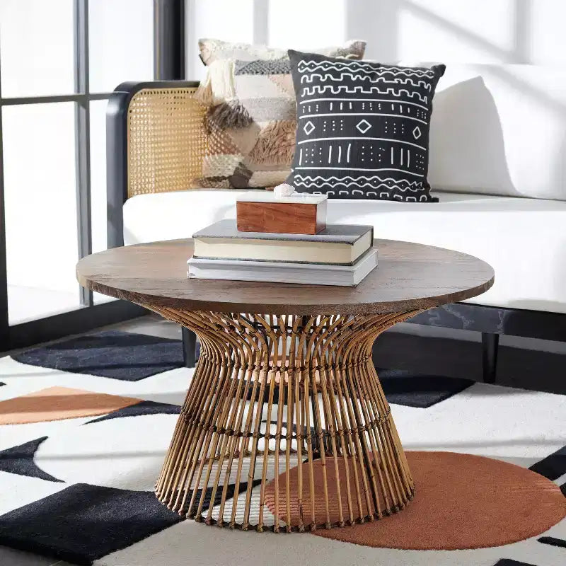 Round Coffee Table, Mango Wood Top with Rattan Base, Tropical Coastal Style