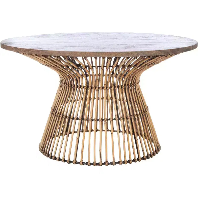 Round Coffee Table, Mango Wood Top with Rattan Base, Tropical Coastal Style