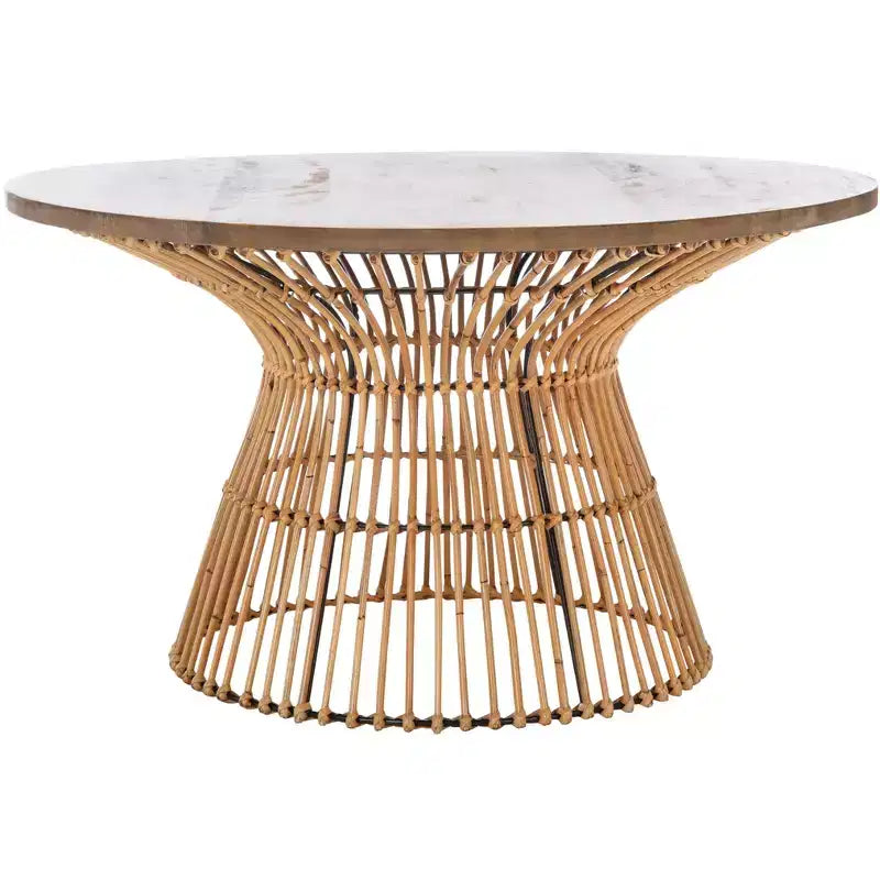 Round Coffee Table, Mango Wood Top with Rattan Base, Tropical Coastal Style