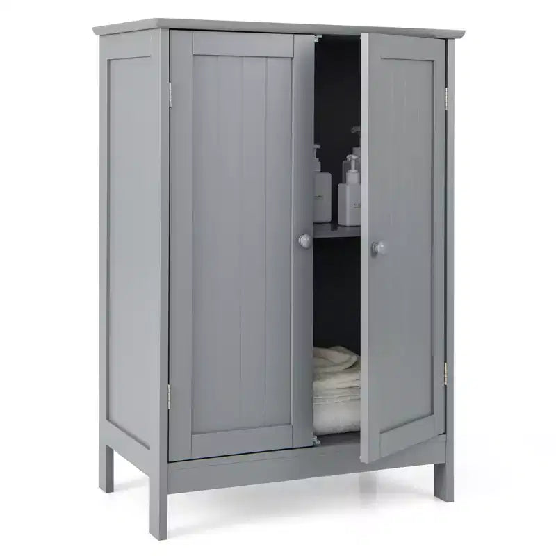 Bathroom Floor Storage Cabinet, Modern Grey, Double Door with 2 Shelves