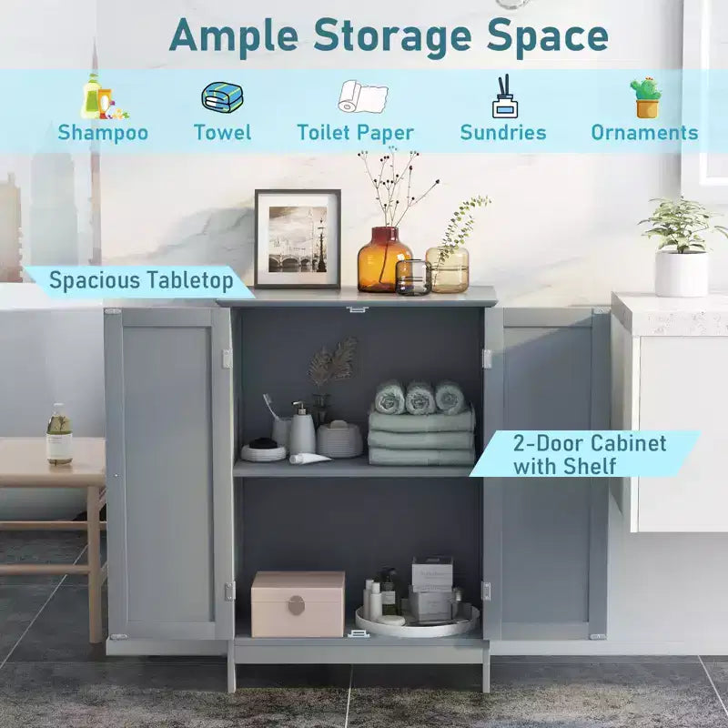 Bathroom Floor Storage Cabinet, Modern Grey, Double Door with 2 Shelves