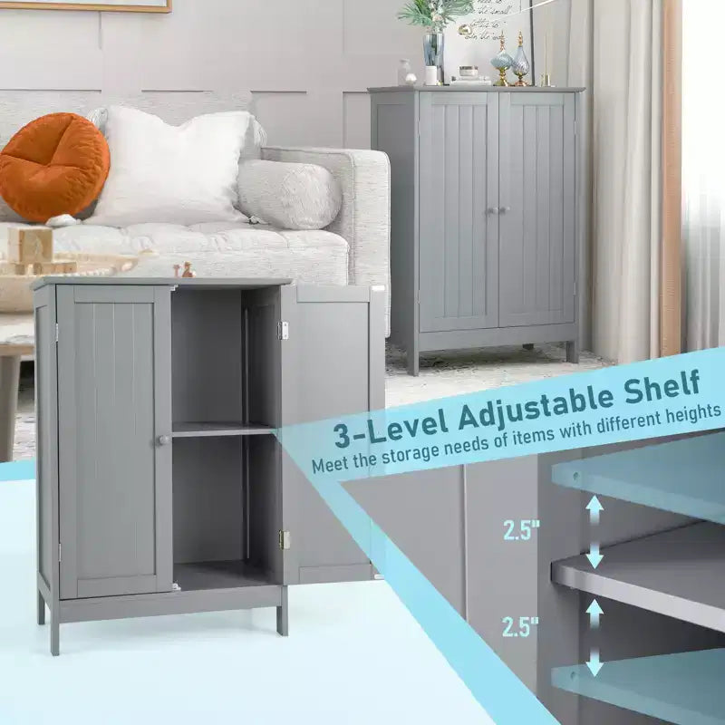 Bathroom Floor Storage Cabinet, Modern Grey, Double Door with 2 Shelves