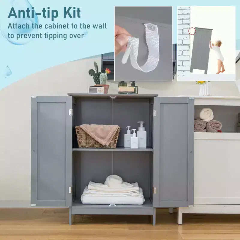 Bathroom Floor Storage Cabinet, Modern Grey, Double Door with 2 Shelves